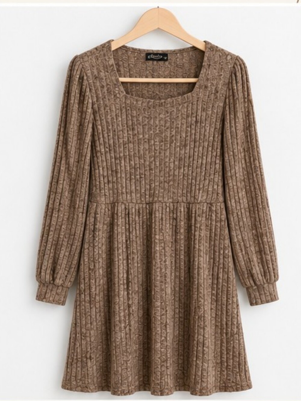 Qeefan Ribbed Knit Dress Medium Taupe Brown Fall